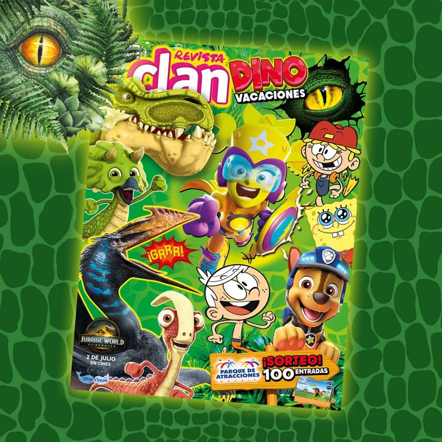 Portada de revista infantil con dinosaurios, personajes animados y anuncio de estreno en cines y sorteo.