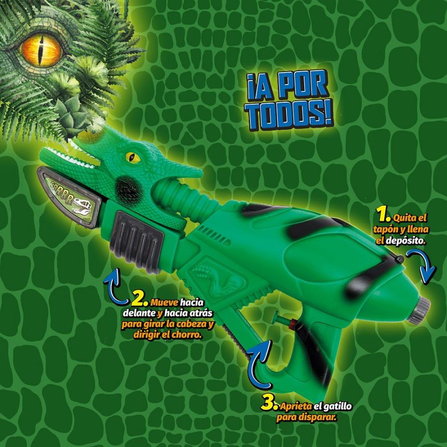 Pistola de agua verde con forma de dinosaurio, con la palabra "CORRR" y  instrucciones de uso.  Un dinosaurio se asoma entre la vegetación.
