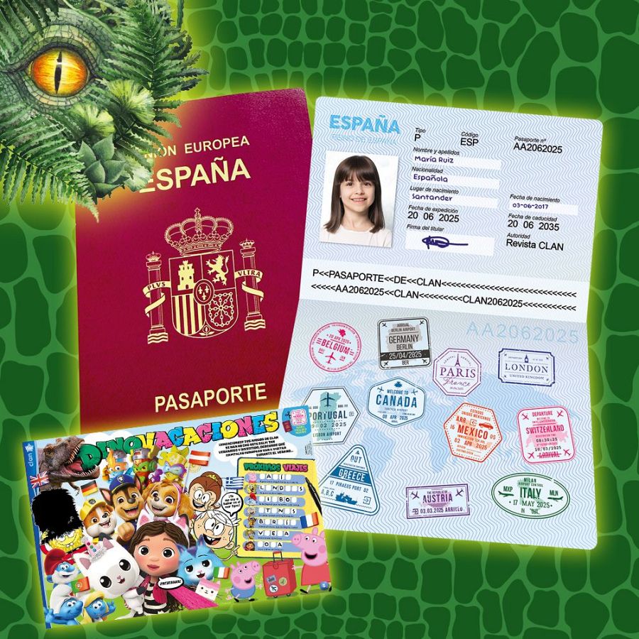 Portada de revista infantil con pasaporte promocional ficticio; datos personales de María Ruiz, nacionalidad española, sellos de viaje de varios países y fechas.