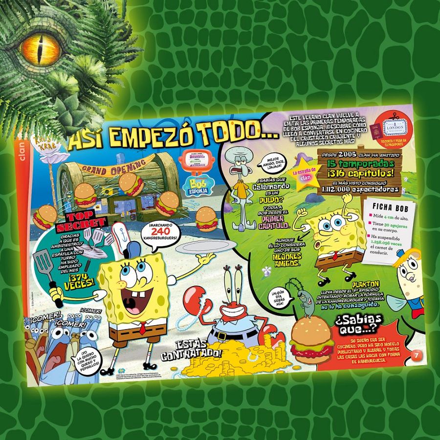 Revista Clan (junio 2025): Especial Bob Esponja.  Imágenes de los personajes principales en el Crustáceo Crujiente, datos curiosos sobre Bob Esponja y la emisión de la serie en Clan desde 2005.