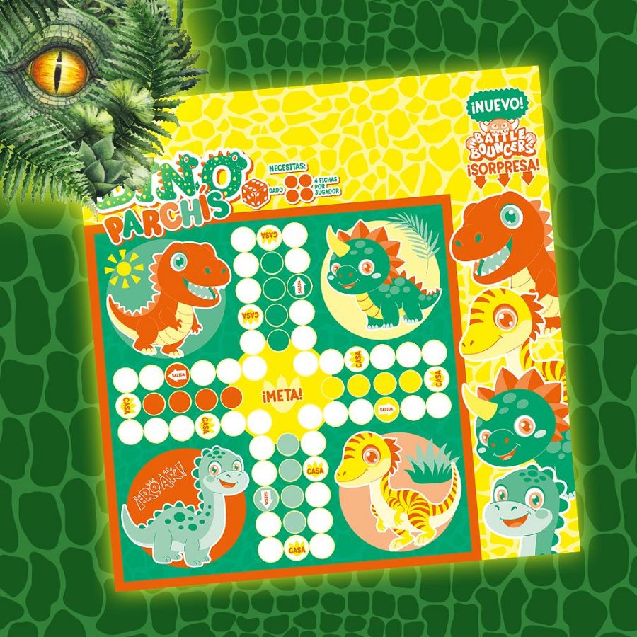 Divertido tablero de parchís con dinosaurios, ideal para niños.  Casillas de colores, ilustraciones de dinosaurios y la palabra "META!" en el centro.