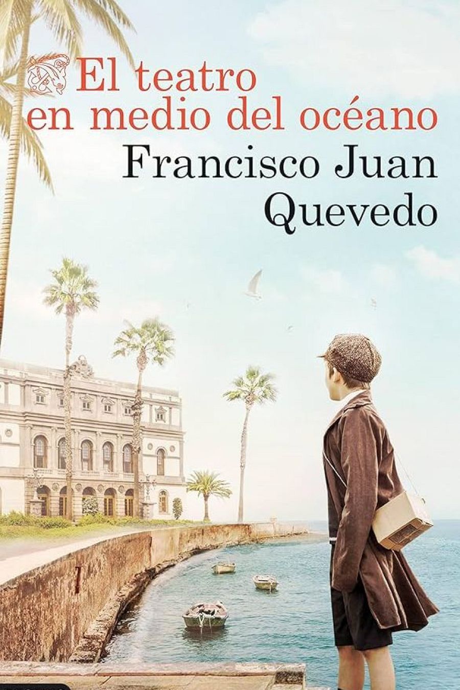 Niño con abrigo marrón y gorra observa un teatro costero.  Imagen de la portada del libro "El teatro en medio del océano".