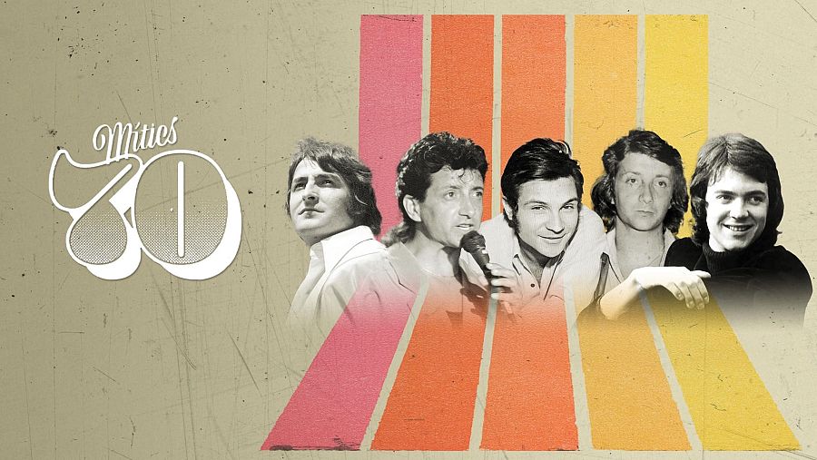 Estreno de "Mítics 70" el 20 de junio.  Diseño retro con cinco fotos en blanco y negro de hombres sobre fondo beige y franjas de colores.