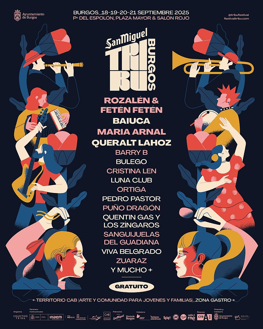 Cartel del festival San Miguel Tribu Burgos (18-21 septiembre 2025).  Música, arte y gastronomía en Burgos. Entrada gratuita.