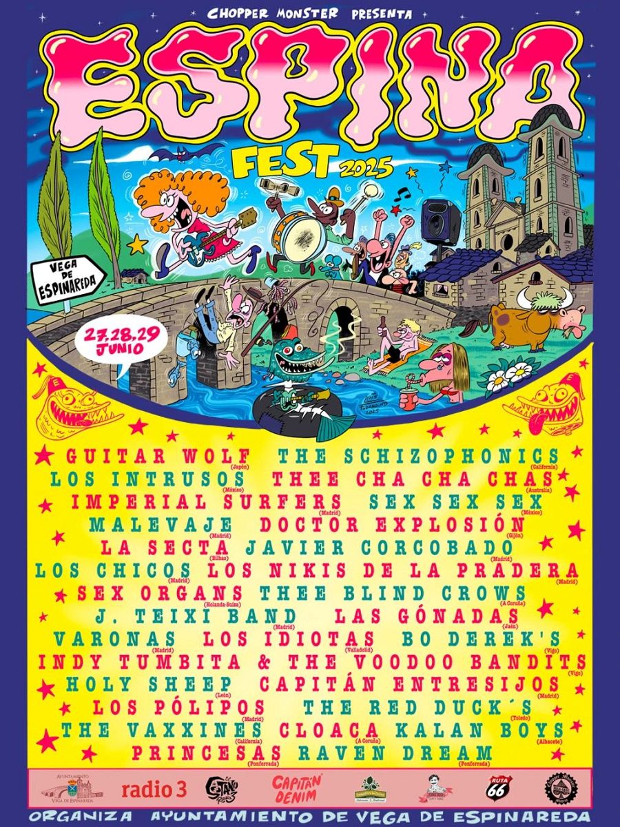 Cartel del Espina Fest 2025 (27-29 junio), con ilustración estilo cómic y lista de bandas nacionales e internacionales.