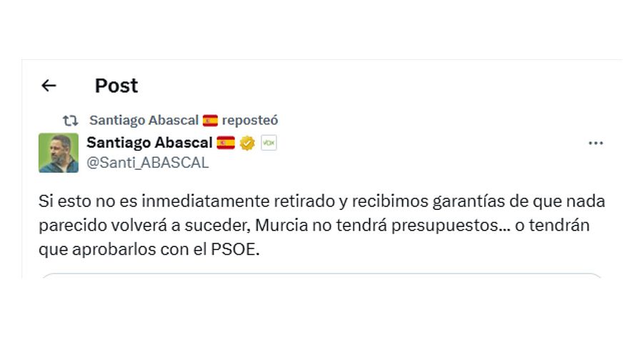 Captura de pantalla del mensaje puesto en X por parte de Santiago Abascal