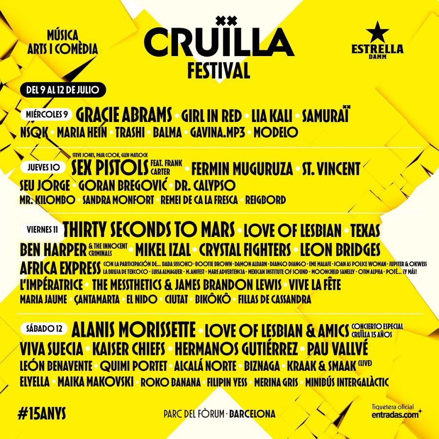 Cartel del Cruïlla Festival 2025 (9-12 julio):  Múltiples artistas,  15 aniversario del festival.