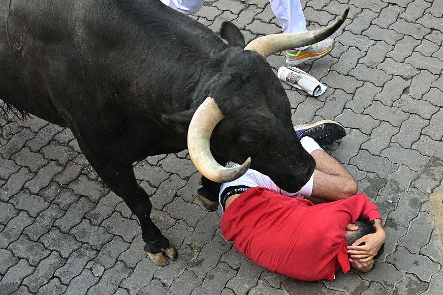 San Fermín 2025: uno de los mozos se protege la cabeza tras caer al paso de uno de los toros de Victoriano del Río