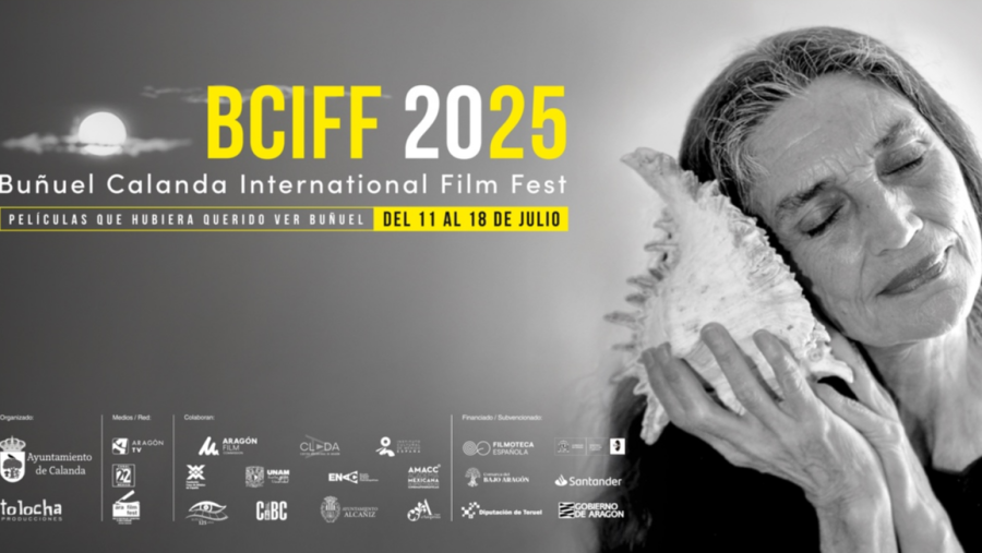 Cartel del BCIFF 2025 (11-18 julio): Ángela Molina en blanco y negro con una caracola.  "Películas que hubiera querido ver Buñuel"