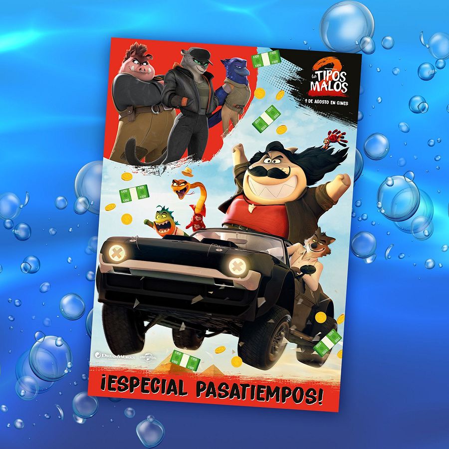 Portada de revista con personajes animales en un coche, billetes volando y el título "Los Tipos Malos 2". Estreno 1 de agosto. ¡Especial pasatiempos!