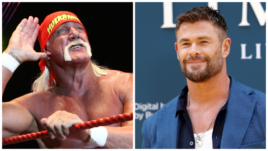 Imagen dividida: Hulk Hogan en un ring, con bandana roja y gesto característico; Chris Hemsworth con americana azul y barba.  Proyecto cinematográfico cancelado.