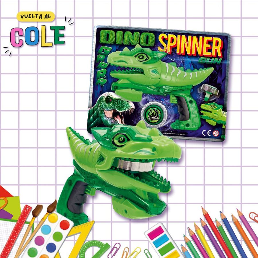 Lanzador de peonzas con forma de dinosaurio verde translúcido y peonza "T-Rex".  Caja con la inscripción "Dino Spinner Gun" y "Grabber".