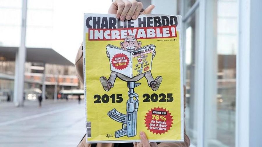 Portada de revista con caricatura de persona leyendo la publicación sobre un fusil AK-47; titular "CHARLIE HEBDO INCREVABLE!" y años 2015 y 2025; encuesta mostrando alto apoyo a la libertad de caricaturizar.