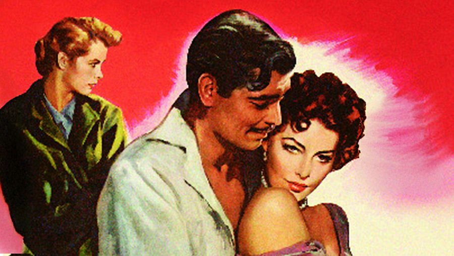 Clark Gable abraza a Ava Gardner, mientras Grace Kelly observa en este cartel promocional de la película clásica "Mogambo".  Intenso drama romántico.