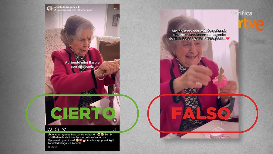 Comparación entre el vídeo original y el vídeo robado de la mujer mayor que abre una caja de muñecas