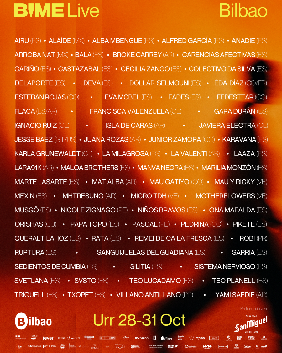Un cartel promociona el evento BIME Live en Bilbao, con una lista de artistas y logotipos de patrocinadores como Cervezas San Miguel y Johnnie Walker. El evento se celebrará del 28 al 31 de octubre.