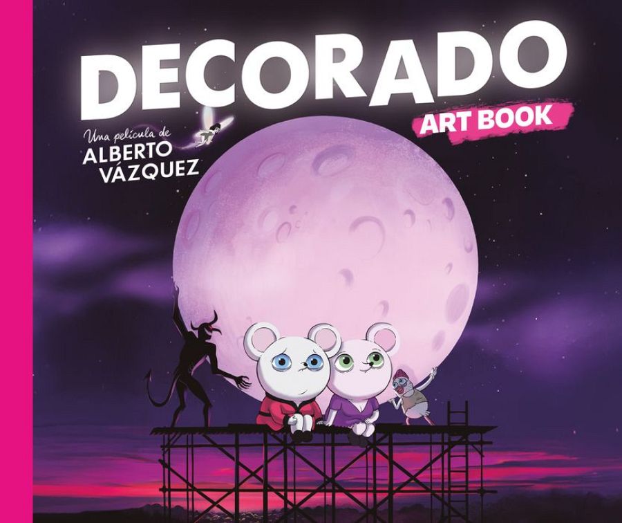 La portada del libro muestra el título 'Decorado' y 'Art Book', con una luna rosa de fondo y personajes de dibujos animados en un escenario. Destacan dos ositos con chaquetas de colores y un personaje con gafas.
