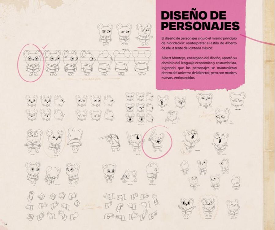 Una página de un libro de arte presenta bocetos de un personaje de dibujos animados, mostrando diferentes poses, expresiones faciales y ángulos. El personaje, que podría ser un oso o un ratón, se representa con alegría, tristeza, enfado y sorpresa, e incluso sosteniendo objetos.