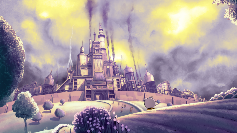 Fotograma de una película de animación que muestra una ciudad industrial con edificios complejos y chimeneas humeantes, situada sobre una elevación. Un camino en primer plano conduce hacia la ciudad, con figuras pequeñas y un personaje animado.