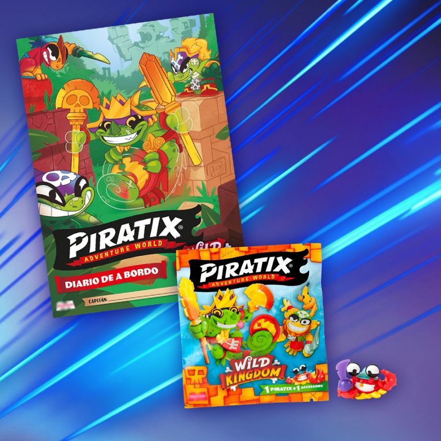 Dos libros de la serie "Piratix Adventure World" se exhiben en la imagen, uno con portada verde y otro azul, junto a un juguete de un cangrejo pirata.