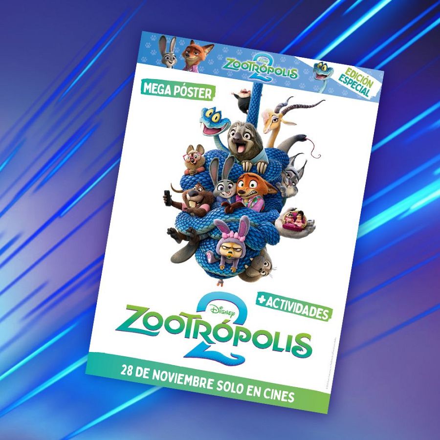 Portada de revista con el título "ZOOTRÓPOLIS 2", mostrando a Judy Hopps y Nick Wilde. Se anuncia una "EDICIÓN ESPECIAL" con un "MEGA PÓSTER" y la fecha de estreno: "28 DE NOVIEMBRE SOLO EN CINES".