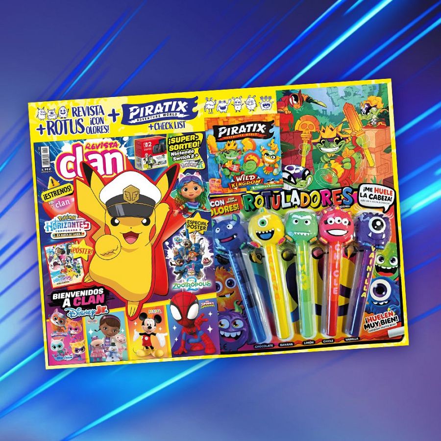 La portada de la revista infantil Clan de noviembre de 2025 incluye un diseño llamativo con el título principal "clan" en letras grandes y coloridas, junto a imágenes de personajes como Pikachu, Mickey Mouse y Spiderman, y la promoción de rotuladores con olores.