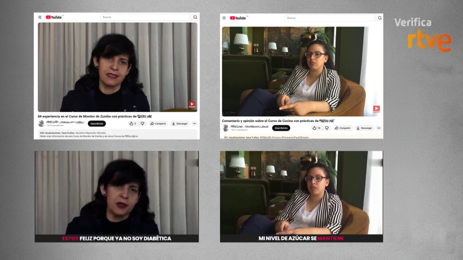 Arriba, fotogramas de los vídeos originales; debajo, las versiones manipuladas para promocionar el falso remedio para la diabetes