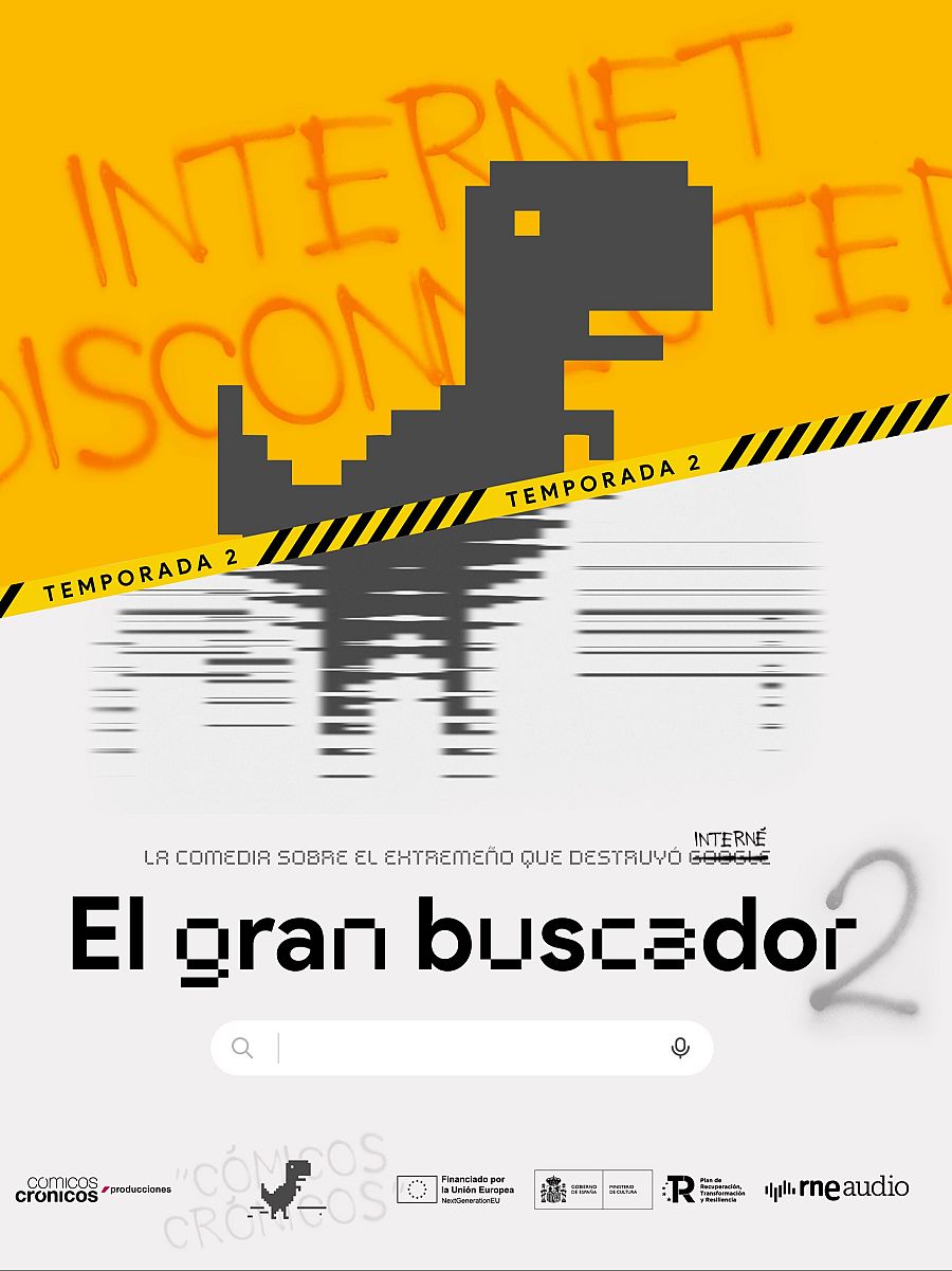 Un cartel publicitario presenta la segunda temporada de un programa de radio. Se observa un diseño con un fondo dividido en amarillo y blanco, con la frase "INTERNET DISCONNECTED" en letras grandes y un dinosaurio pixelado. También incluye una cinta con la leyenda "TEMPORADA 2".