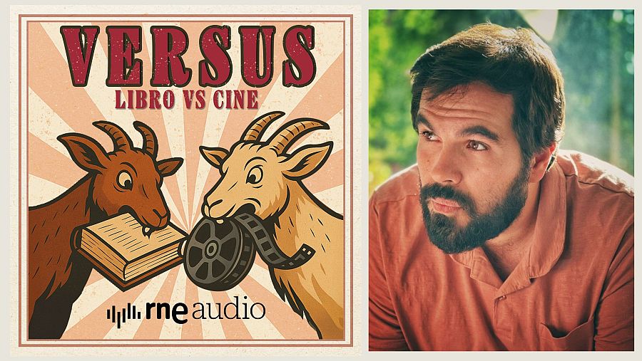El logo de "Versus" con dos cabras y el título "VERSUS LIBRO VS CINE" se combina con una fotografía de un hombre con barba y camisa salmón, mirando hacia la izquierda, con un fondo verde.