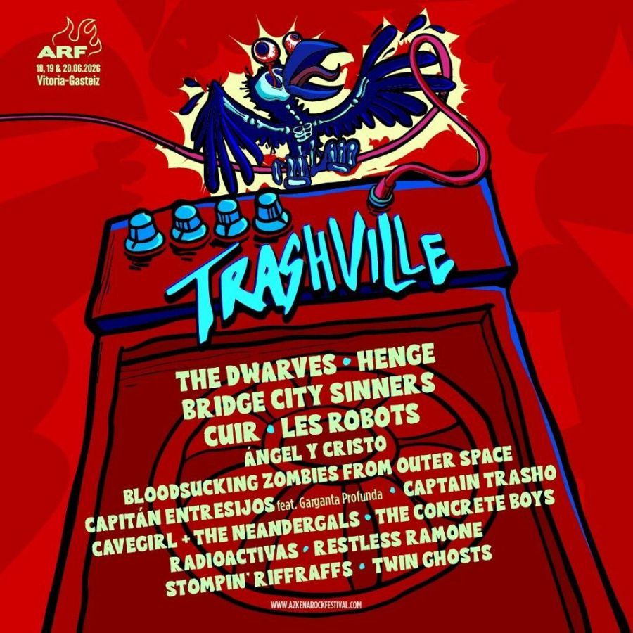 Un cartel promociona el festival Trashville, con un diseño que incluye un cuervo y un amplificador. El evento musical, que tendrá lugar en junio de 2026, presenta un listado de bandas como The Dwarves y Bridge City Sinners.
