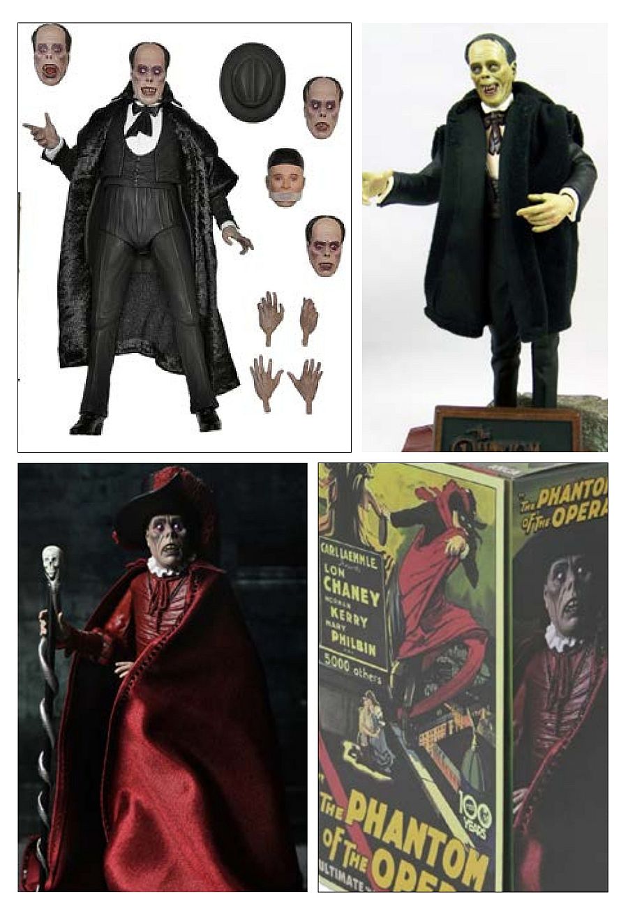 Se observan figuras de acción basadas en el personaje de "El Fantasma de la Ópera", incluyendo una figura vestida de negro con accesorios intercambiables y otra con atuendo rojo, sombrero y bastón.
