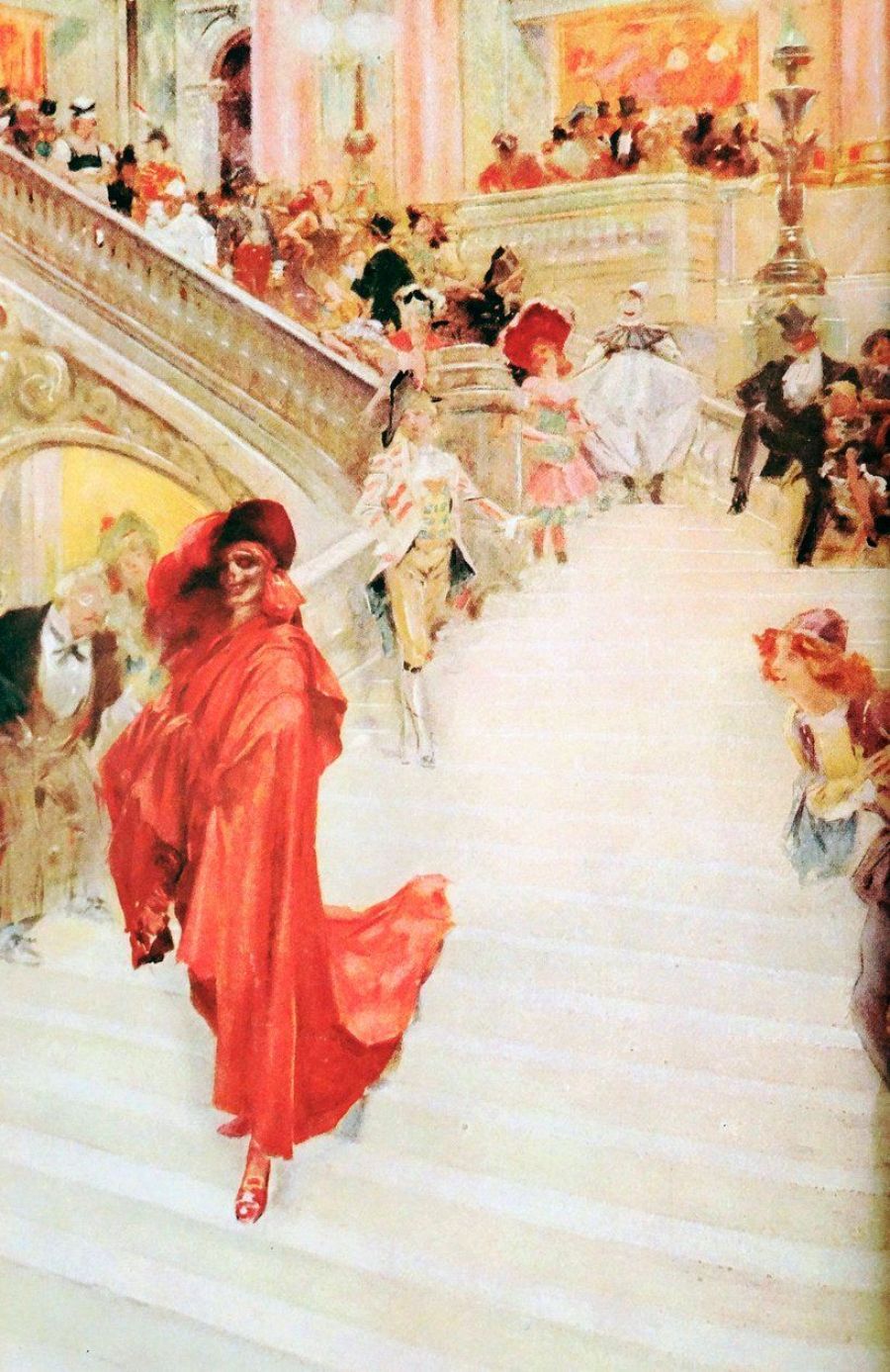 Una ilustración vibrante captura una fiesta de disfraces en una escalera. Una figura femenina con máscara y capa rojas desciende, mientras otros invitados disfrazados suben y bajan, creando una escena llena de detalles y ambiente festivo.