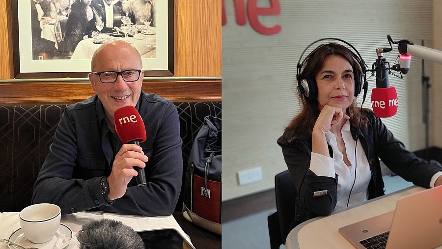 La imagen muestra a Jean-Claude Bouillon Baker en un restaurante, sosteniendo un micrófono, y a Belén Pérez Castillo en un estudio de radio frente a un ordenador, ambos con micrófonos de RNE.