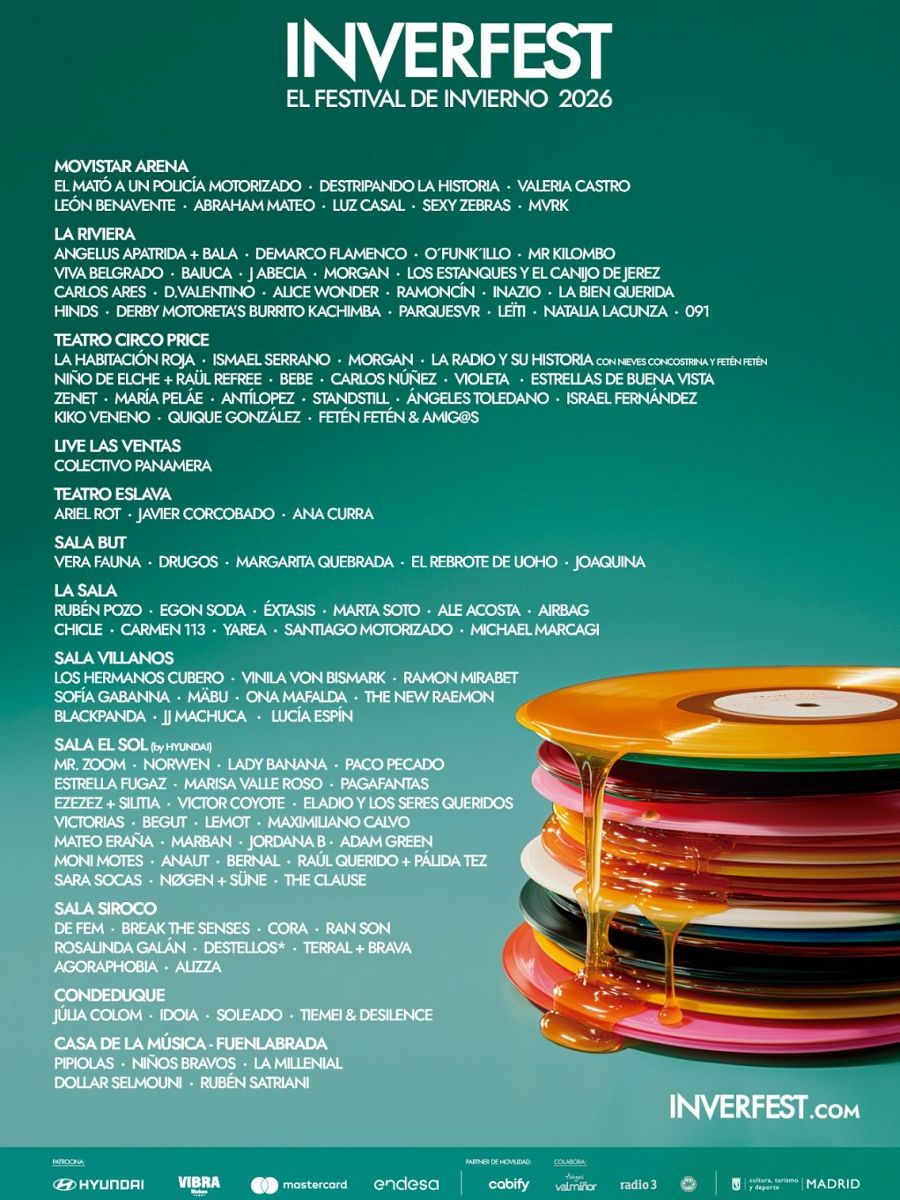 Cartel publicitario de Inverfest 2026 con una variada oferta musical en diferentes salas de Madrid. Se observan nombres como El Mató a un Policía Motorizado, La Habitación Roja y Ariel Rot. En la parte inferior, vinilos con miel.