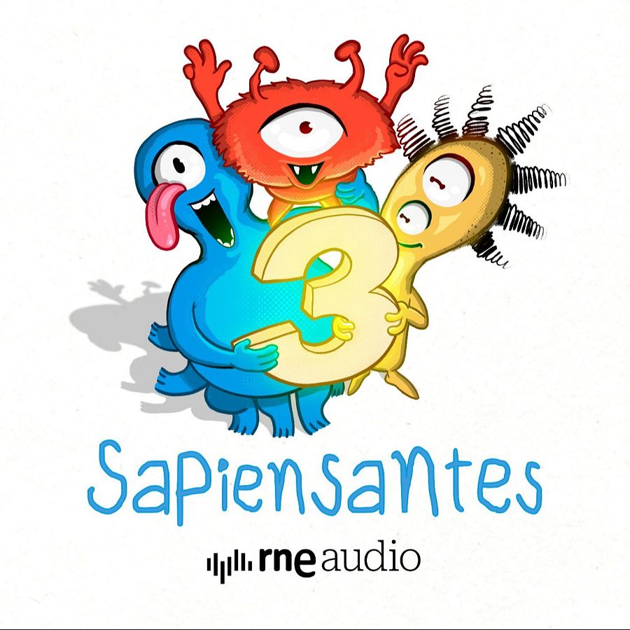 Tres personajes de dibujos animados, uno azul, uno rojo y otro amarillo, abrazan un número 3. Debajo, se lee la palabra "Sapiensantes", y en la parte inferior, un logo.