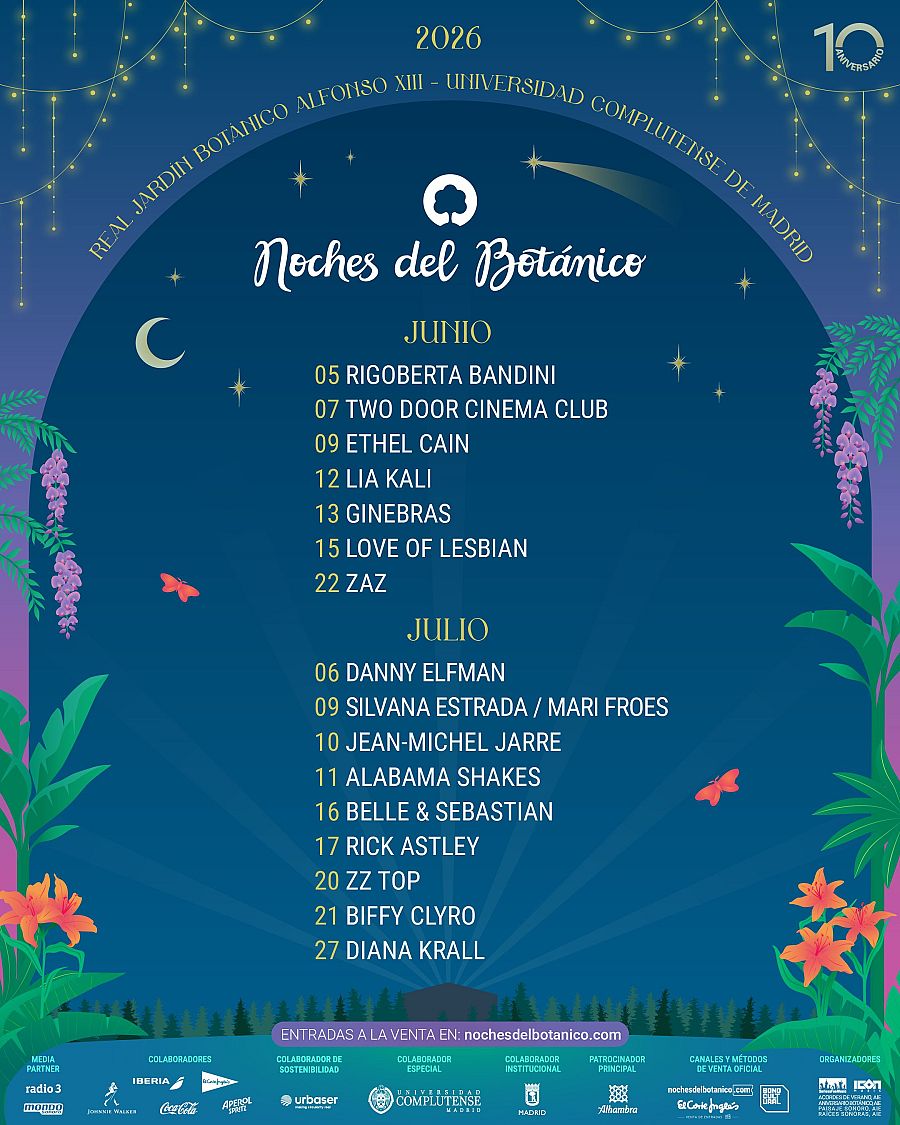 Cartel publicitario del evento "Noches del Botánico" de 2026, con actuaciones musicales en junio y julio. Se destacan los nombres de los artistas y los logos de patrocinadores como Radio 3, Iberia y Coca-Cola, junto con la información para adquirir entradas.