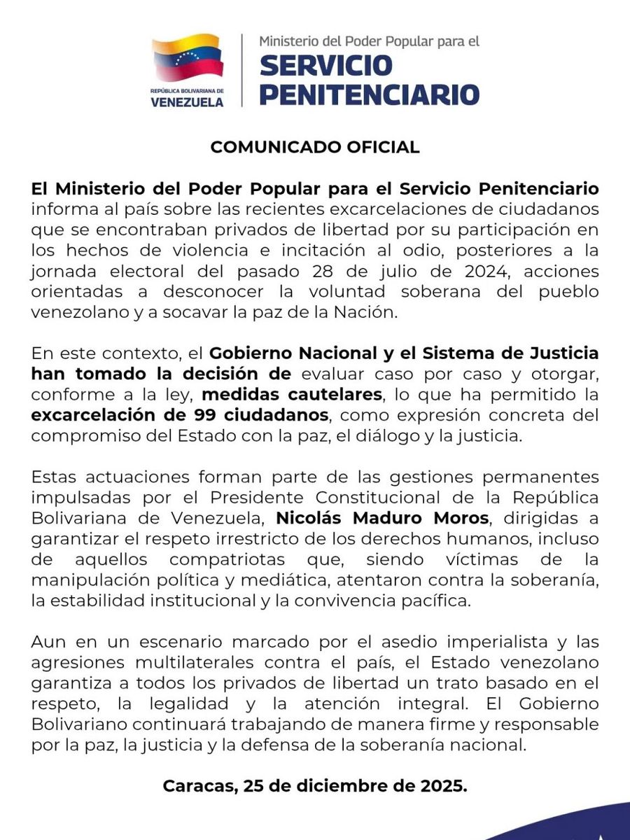 Fotografía tomada de la cuenta oficial en instagram del Ministerio para el Servicio Penitenciario de Venezuela de un comunicado oficial publicado este jueves en Caracas (Venezuela)
