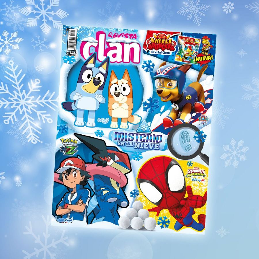 Una colorida portada de revista infantil de enero de 2026 muestra a personajes como Bluey, Bingo, Chase, Ash Ketchum, Greninja y Spidey, con el título "Misterio en la Nieve" y referencias a "Battle Royale Crystal Clash" y "¡Nueva!".
