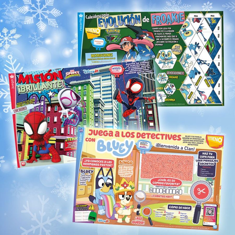 La revista Clan de Enero de 2026 muestra secciones sobre personajes infantiles. Se destacan "Evolución de Froakie" con personajes de Pokémon, "Misión ¡Brillante!" con Spidey y su equipo, y "Juega a los detectives con Bluey".