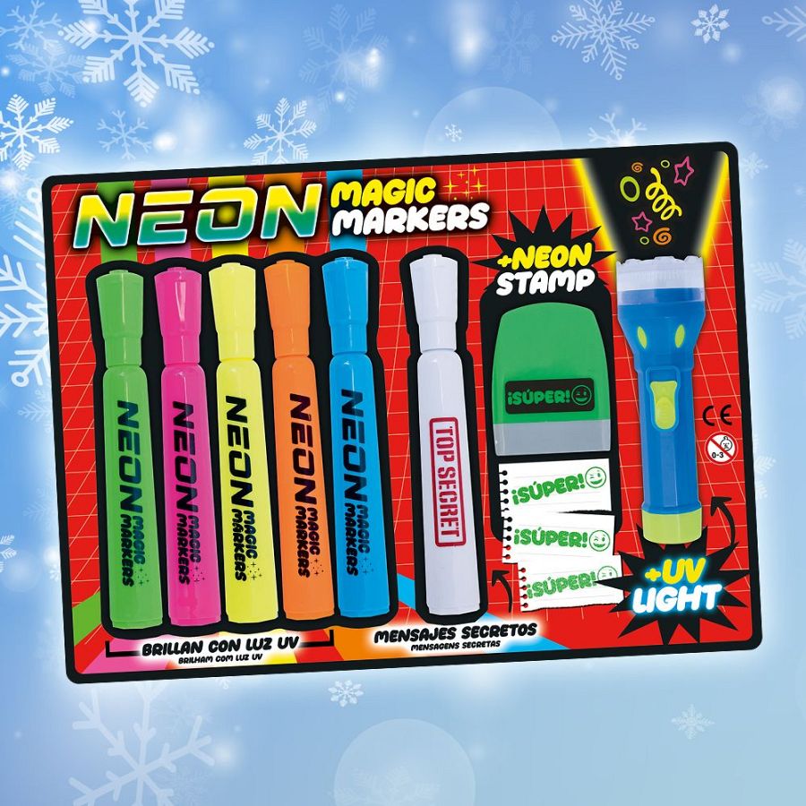 Un pack de rotuladores neón con diferentes colores, incluyendo una linterna UV y un sello. Los rotuladores están marcados como "NEON MAGIC MARKERS" y prometen mensajes secretos que brillan con luz ultravioleta.