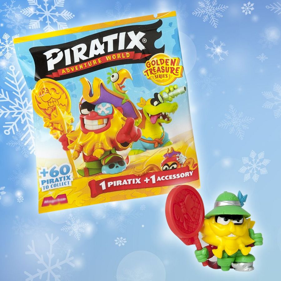 Un empaque azul de juguetes "PIRATIX" con el logo "PIRATIX ADVENTURE WORLD" y personajes piratas ilustrados, junto a un muñeco pirata amarillo con sombrero y raqueta.