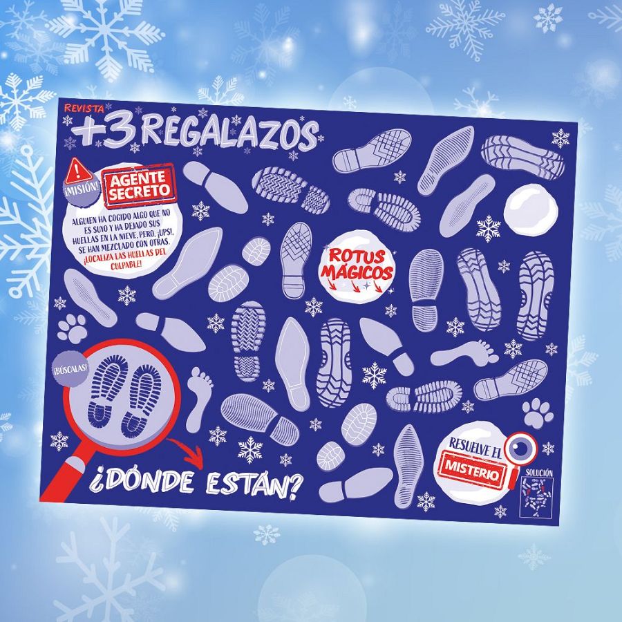 Ilustración de una revista infantil con un juego de detectives ambientado en la nieve. El juego consiste en encontrar las huellas correctas entre varias, con la ayuda de una lupa y la palabra 'SOLUCIÓN'.