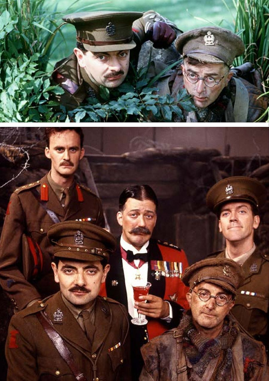 Dos escenas de una película ambientada en la Primera Guerra Mundial. En la primera, dos hombres uniformados se esconden. En la segunda, un grupo de oficiales posan, destacando la presencia de Rowan Atkinson y otro hombre condecorado.