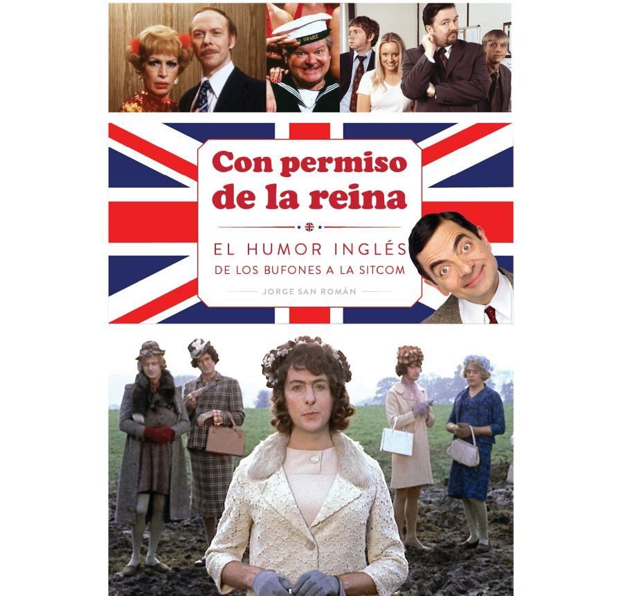 La portada del libro muestra un diseño que evoca la bandera británica, con imágenes de personajes de comedias británicas como "Are you being served?", Mr. Bean y "Monty Python's Flying Circus".