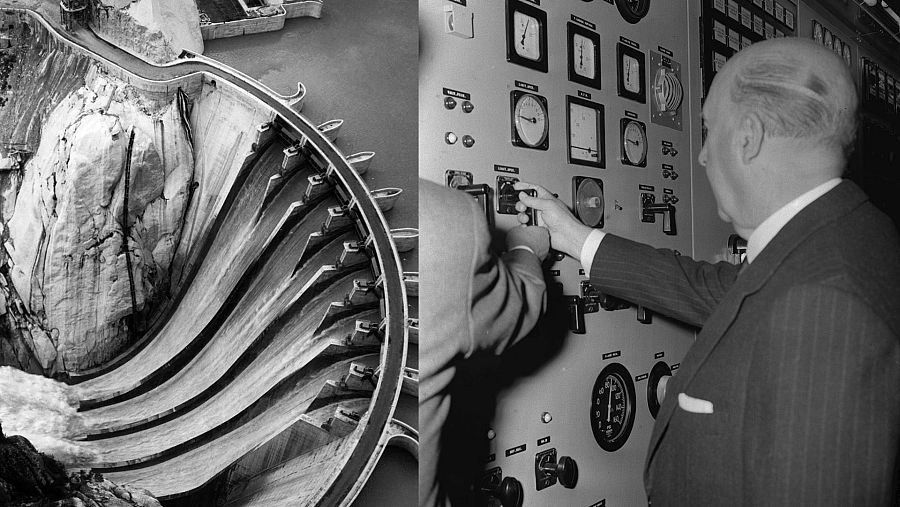 En una imagen en blanco y negro, se yuxtaponen dos escenas: una vista aérea de una presa con agua fluyendo y un primer plano de un hombre de perfil, vestido con traje a rayas, manipulando un panel de control.