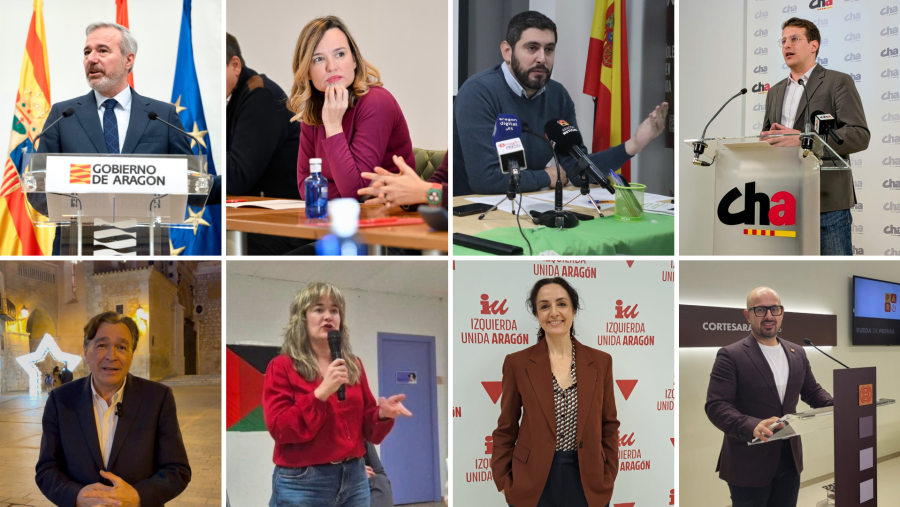 Una composición de ocho fotografías presenta a candidatos políticos en Aragón. Las imágenes muestran a los candidatos en diversos contextos, incluyendo atriles, mesas y entornos urbanos, con banderas y logos institucionales.