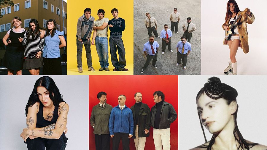El cartel publicitario de la "Fiesta de Radio 3 Extra 2026" presenta una serie de fotografías que muestran a personas en diversas situaciones: grupos, retratos individuales y diferentes estilos visuales, creando una composición dinámica y atractiva.
