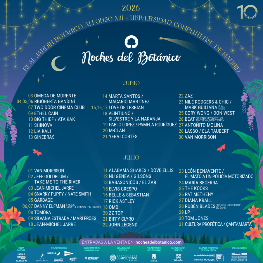 Cartel publicitario del festival "Noches del Botánico" que tendrá lugar en 2026, con una extensa lista de artistas que actuarán en junio y julio. Se indica la página web para la compra de entradas.