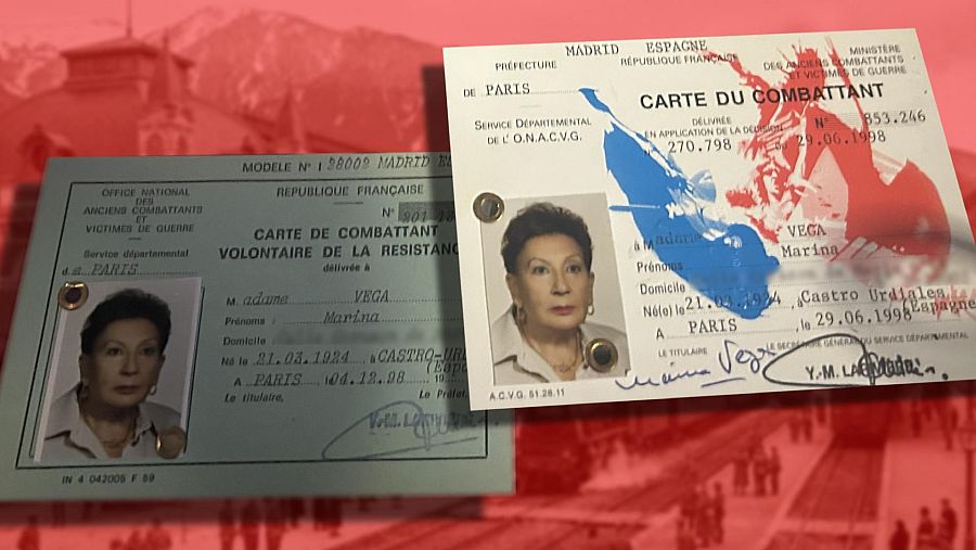 Dos credenciales de Marina Vega, una azul claro y otra blanca, ambas emitidas por instituciones francesas. La credencial azul, fechada en 1998, es una "CARTE DE COMBATTANT VOLONTAIRE DE LA RESISTANCE". La blanca, también de 1998, es una "CARTE DU COMBATTANT".