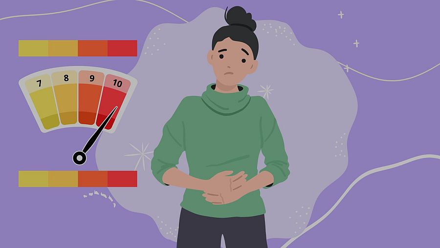 Una mujer con gesto de sufrimiento se sujeta el abdomen, mientras una escala de colores y números del 7 al 10, con una aguja en el 10, representa la intensidad del dolor.
